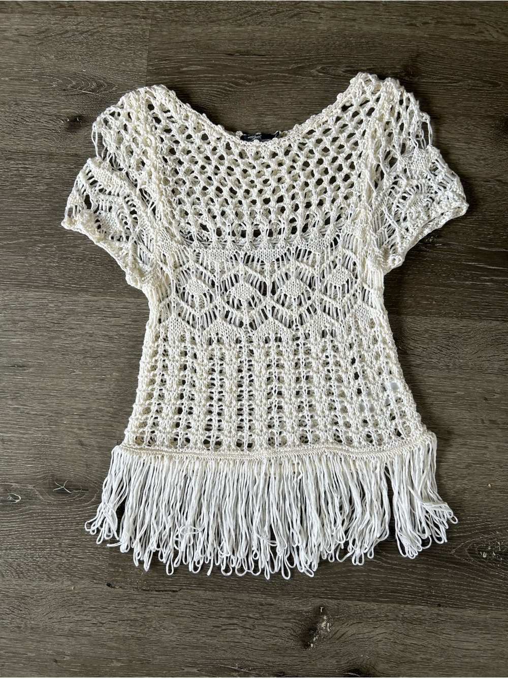 XS Silver Jeans White Open Knit Pullover Top Trendy Boho Fringe